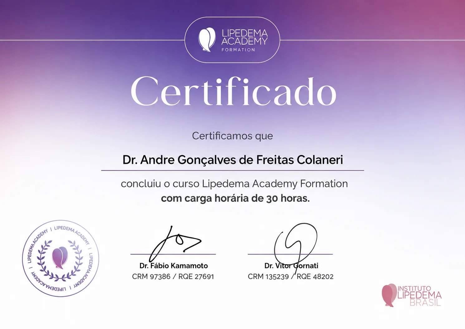 Certificado do Instituto Lipedema Brasil — Dr. André Colaneri